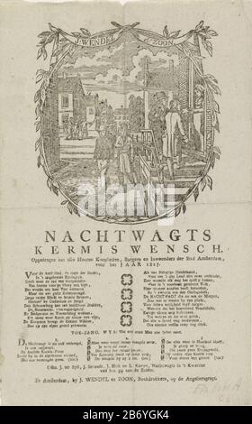 Kermisprent van de Amsterdam nachtwacht voor het jaar 1827 Nachtwagts Kermis Wensch (titel op Object) Fiera Stampa di Amsterdam nightwatchman (guardia del picchiettio) per l'anno 1827. Rappresentazione ovale decorata con lauwerbladen. Alcuni uomini camminano per le strade con sonagli, due uomini alzano denaro per una casa. Un versetto in due colonne e una canzone in tre versi. A nome dell'orologio notturno nel quarto n° 34 a sud: J. ter fuso J. Schaade e L. Konyn. Produttore : printmaker: Anonymous busier J. Wendel and Son (Proprietà elencata) Fabbricazione Di Luoghi: Printmaker: Netherlands Editore: Amsterdam Data: Foto Stock