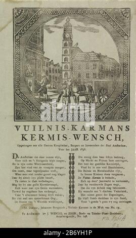 Kermisprent van de vuilnismannen van Amsterdam voor het jaar 1836 Vuilnis-karmans kermis-wensch (titel op Object) Fiera Stampa della spazzatura di Amsterdam per l'anno 1836. Rappresentazione circolare bordo interno ottagonale con una faccia alla Mint di Amsterdam dove un uomo con un cricco con un carrello della polvere. Un altro uomo ha un denaro della casa. Con collegato a due colonne. Il vuilniskarman nel distretto no. 19: Giovanni Bongaards. Produttore : printmaker: Anonymous busier J. Wendel and Son (Proprietà elencata) Luogo di produzione: Amsterdam Data: 1836 caratteristiche Fisiche: Stampa di testo con rappresentazione in legno m Foto Stock