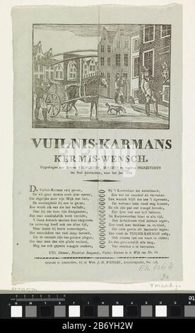 Kermisprent van de vuilnismannen van Amsterdam voor het jaar 1843 Vuilnis-karmans kermis-wensch (titel op object) Kermisprent van de Amsterdam vuilnismannen voor het jaar 1843. Gezicht in een straat te Amsterdam Foto Stock