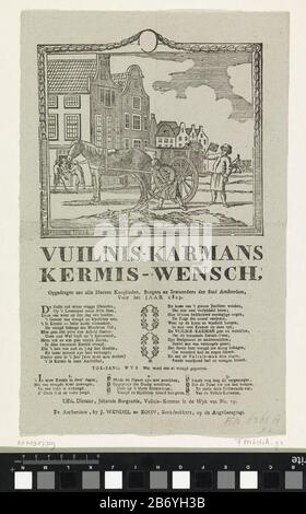 Kermisprent van de vuilnismannen van Amsterdam voor het jaar 1829 Vuilnis-karmans kermis-wensch (titel op object) Kermisprent van de Amsterdam vuilnismannen voor het jaar 1829. Gezicht in een straat te Amsterdam Foto Stock