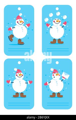 Collezione etichette Natale e Capodanno. Etichette con pupazzo di neve. Illustrazione Vettoriale