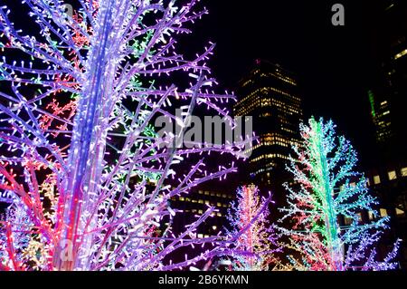 La mostra Sasha Trees al Winter Lights 2020 al Canary Wharf di Londra, Regno Unito Foto Stock