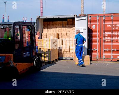 Riempimento di un contenitore presso il terminale CTT Container Tollerort e il centro di imballaggio DCP Container nel porto di Amburgo, Germania. Foto Stock