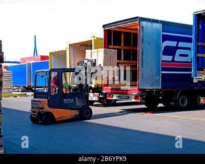 Riempimento di un contenitore presso il terminale CTT Container Tollerort e il centro di imballaggio DCP Container nel porto di Amburgo, Germania. Foto Stock