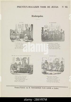 Kinderspelen Prenten-magazijn voor de jeugd (seriettel op Object) Kinderspelen (seriettel op Object) foglio con 4 rappresentazioni dei giochi per bambini, come la filatura, e bolle di colpo. Sopra ogni mostra un titolo e sotto ciascuno mostra un verso di sei linee. Numerato in alto a destra: N. 62. Produttore : editore: Dirk Nootoven Goor (edificio elencato) printmaker: Anonimo luogo produzione: Editore: Leiden Stampa autore: Netherlands Data: 1850 - 1881 caratteristiche Fisiche: Legno auto e testo materiale di stampa: Carta Tecnica: Legno engra / formati di stampa: Foglio: H 415 mm × b mmToelichtingHerdruk 303 di A. Foto Stock