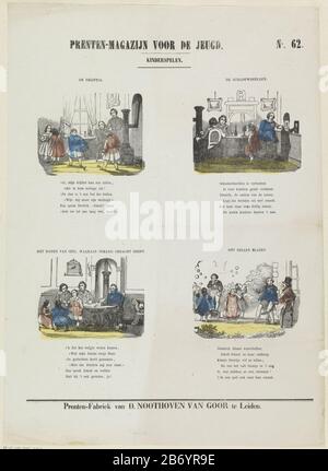 Kinderspelen Prenten-magazijn voor de jeugd (seriettel op Object) Kinderspelen (seriettel op Object) foglio con 4 rappresentazioni dei giochi per bambini, come la filatura, e bolle di colpo. Sopra ogni mostra un titolo e sotto ciascuno mostra un verso di sei linee. Numerato in alto a destra: N. 62. Produttore : editore: Dirk Nootoven Goor (edificio elencato) printmaker: Anonimo luogo produzione: Editore: Leiden Stampa autore: Netherlands Data: 1850 - 1881 caratteristiche Fisiche: Legno engra colorato in giallo, rosso e blu; testo materiale di stampa: Carta Tecnica: Legno engra / colori / formati di stampa: Foglio: H 4 Foto Stock