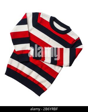 Maglione a maglia a righe isolato su sfondo bianco Foto Stock