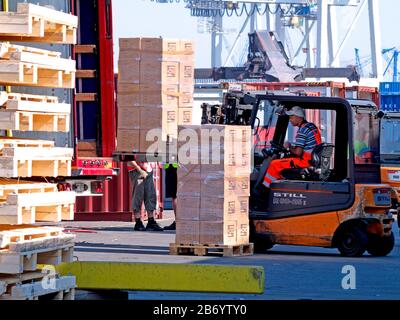 Riempimento di un contenitore presso il terminale CTT Container Tollerort e il centro di imballaggio DCP Container nel porto di Amburgo, Germania. Foto Stock