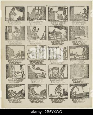 Klein Duimpje Leaf con 20 scene della storia di Tom Thumb. Sotto ogni immagine un versetto a due righe in olandese e francese. Numerato in alto al centro: 57. Produttore : Editore: M. Hemeleers-of Houterprentmaker: Anonymous place manufacturing: Schaerbeek Data: 1827 - 1894 caratteristiche Fisiche: Legno tagliato e testo materiale di stampa: Carta Tecnica: Legno / formati di stampa: Foglio: H 390 mm × W 331 mm Oggetto: Racconti e fiabe: Piccolo Thumbling Foto Stock