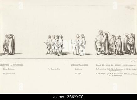 Klerken en leden van Gedeputeerde Staten van Friesland in de begrafenisstoet van prinses Maria Louise, 1765 Lijkstatie van prinses Maria Louise, 1765 (serietitel) Chierks e membri dell'esecutivo provinciale del Friesland. Firma in basso a destra: PL. XIV. Sulla foglia sotto la registrazione i nomi delle persone in processione. Parte del set di piatti del funerale della Principessa Mary Louise Leeuwarden il 13 giugno 1765. Produttore : stampatore: Rienk Jelgerhuisuitgever Abraham FerwerdaPlaats prodotto: Leeuwarden Data: 1765 caratteristiche Fisiche: Materiale di incisione: Tecnica della carta: Incisione dimensioni Foto Stock