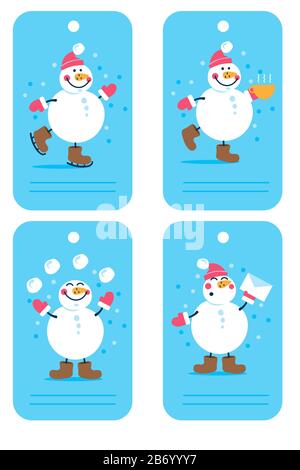 Vector vacanza Natale e nuovo anno tag con cartone animato Snow man Illustrazione Vettoriale