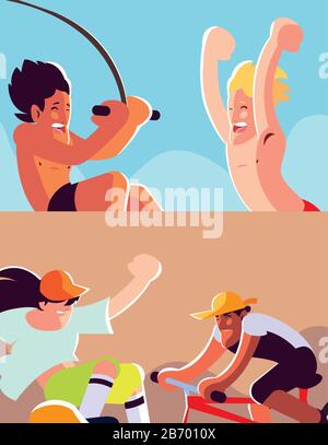 set di carte persone in attività sportive disegno vettoriale illustrazione Illustrazione Vettoriale