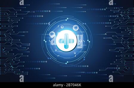La scienza astratta della salute consiste in salute più tecnologia digitale concetto di moderna tecnologia medica, Trattamento, medicina su hi tech futuro sfondo blu Illustrazione Vettoriale