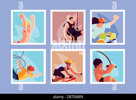 set di carte persone in attività sportive disegno vettoriale illustrazione Illustrazione Vettoriale