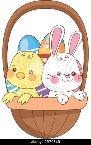 piccolo coniglio e pulcino con uova dipinte nel cesto Illustrazione Vettoriale