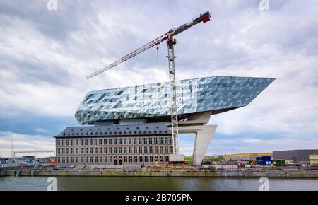 Belgio, Fiandre, Anversa (Antwerpen). Quasi completato Nieuw Havenhuis (nuovo Harbor House), uno dei progetti finali dell'architetto Zaha Hadid. Foto Stock