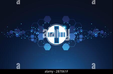 La scienza astratta della salute consiste in salute più tecnologia digitale concetto di moderna tecnologia medica, Trattamento, medicina su hi tech futuro sfondo blu Illustrazione Vettoriale