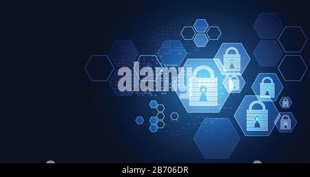 Tecnologia astratta esagonale digitale cyber sicurezza informazioni sulla privacy concetto di rete protezione lucchetto rete digitale collegamento internet su hi tech blu Illustrazione Vettoriale