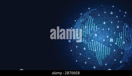 Tecnologia astratta mondo cyber sicurezza privacy icona informazioni rete concetto lucchetto protezione rete digitale collegamento internet su hi tech blu fut Illustrazione Vettoriale
