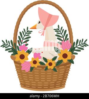cute mamma anatra nel cesto e fiori carattere di pasqua Illustrazione Vettoriale