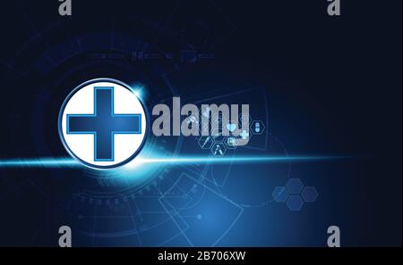 La scienza astratta della salute consiste in salute più tecnologia digitale concetto di moderna tecnologia medica, Trattamento, medicina su hi tech futuro sfondo blu Illustrazione Vettoriale