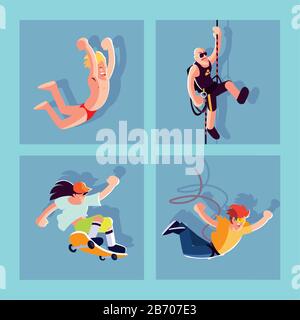 set di carte persone in attività sportive disegno vettoriale illustrazione Illustrazione Vettoriale