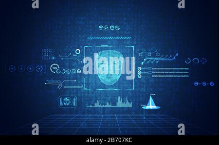 interfaccia astratta hud elaborazione ologramma scansione faccia innovazione su sfondo futuro design. Illustrazione Vettoriale