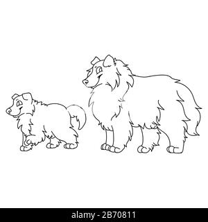 Carino cartone animato ruvido cane collie e cucciolo monocromo vettore clipart. Albero genealogico lineart. Purebred cucciolo domestico per il salotto degli animali domestici Illustrazione Vettoriale