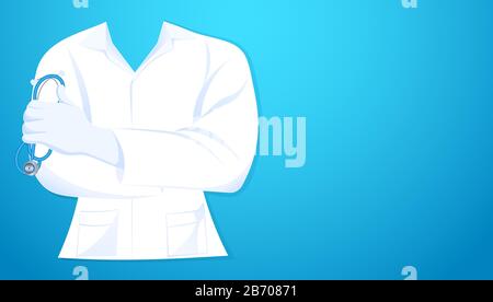 Il medico astratto si chiude in ospedale gown camice uniores con stetoscopio di tenuta concetto di salute e medico su sfondo blu. Illustrazione Vettoriale