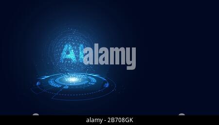 Tecnologia astratta ai computing su cerchio concetto dati di lavoro di intelligenza artificiale e futuristico digitale per il futuro su sfondo blu scuro. Illustrazione Vettoriale