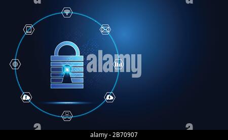 Tecnologia astratta cyber sicurezza privacy icona informazioni rete concetto lucchetto protezione rete digitale internet link su hi tech blu futuro ba Illustrazione Vettoriale
