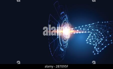 Il triangolo di linea di tecnologia astratta e i punti mano basso futuro Poly moderno wireframe su hi tech futuro sfondo blu. Illustrazione Vettoriale