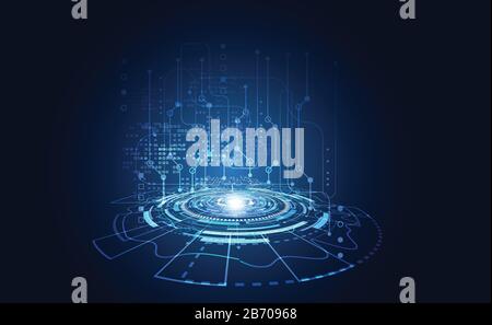 Moderno concetto di tecnologia astratta. Circuito digitale comunicazione cerchio su sfondo blu e innovazione hi tech futuro design background, vettore i Illustrazione Vettoriale
