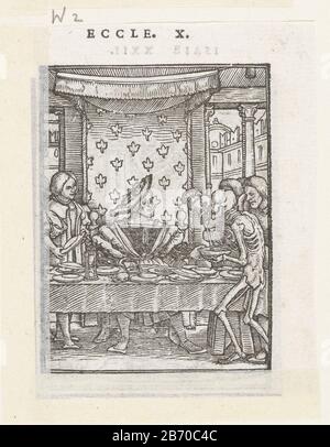 Koning en de Dood Dodendans (serietitel) Il re siede al tavolo per un pasto con cortigiani destro e sinistro. Il diritto è La Morte che può donare vuoto in una ciotola. Sul tavolo si trova una clessidra. Il margine sulla foto, il testo Eccle. X. Produttore : stampatore: Hans Holbein (II) sono stampatore a blocchi: Hans Lützelburger Appuntamenti: 1524-1526, e / o 1538 caratteristiche Fisiche: Legno Block materiale: Carta Tecnica: Legno Block dimensioni: Immagine: H 65 mm × b 50 mm i tronchi ToelichtingDe sono stati prodotti prima del 1526 da Hans Lützelburg e solo nel 1538 sono stati utilizzati per la prima volta come illustrazioni di libri in Les simulach Foto Stock