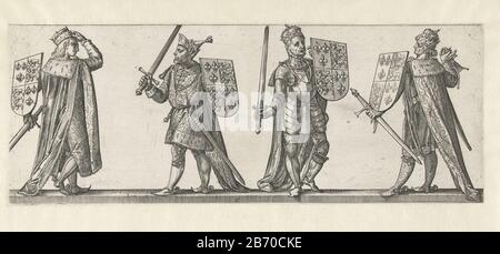 Koningen Richard II, Hendrik IV, Hendrik V en Hendrik VI Koningen en koninginnen van Engeland (seriettel) Quattro uomini con armi e pesanti d.. Sullo sfondo un paesaggio sfocato. Questa stampa fa parte di una serie di stampe in otto parti dei re e delle regine d'Inghilterra (pagina del titolo non numerata e sette stampe numerate da due a quattro cifre) . Produttore : stampatore: Hendrick Goltzius A proprio disegno di: Hendrick Goltzius Editore: Hendrick Goltzius Fabbricazione Del Luogo: Haarlem Datato: 1584 caratteristiche Fisiche : materiale dell'automobile: Tecnica della carta: Engra (processo di stampa) dimensioni: Foglio: H 145 m. Foto Stock
