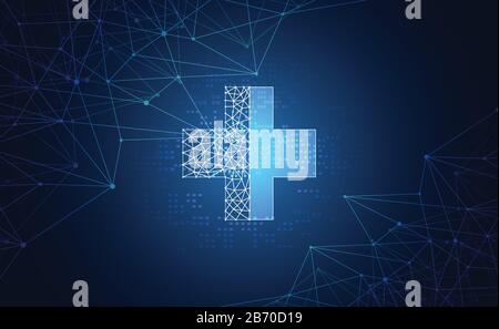 La scienza astratta della salute consiste in salute più tecnologia digitale concetto di moderna tecnologia medica, Trattamento, medicina su hi tech futuro sfondo blu Illustrazione Vettoriale