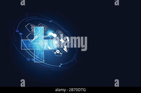 Salute astratta scienza medica sanitaria icona tecnologia digitale concetto di scienza innovazione moderna, Trattamento, medicina su hi tech futuro blue backgro Illustrazione Vettoriale