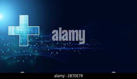 La scienza astratta della salute consiste in salute più tecnologia digitale concetto di moderna tecnologia medica, Trattamento, medicina su hi tech futuro sfondo blu Illustrazione Vettoriale