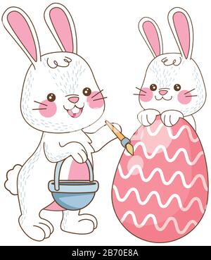 conigli piccoli cute con uova dipinti caratteri di pasqua Illustrazione Vettoriale