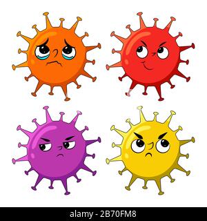 faccia della diagnosi del virus corona stile cartoon mascotte. Coronavirus o COVID-19, nuovo virus da Wuhan, Cina nel 2019. Vettore cartoon del Concetto di cella di s Illustrazione Vettoriale