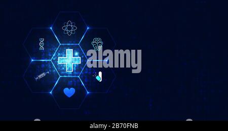 Immagine astratta blu con concetto futuristico di scienza moderna per medicina e con icone come atomo, cervello, DNA, siringa, medicina, cuore, sfondo i Illustrazione Vettoriale