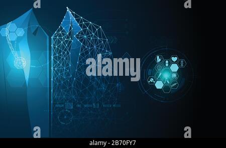 Salute astratta scienza medica sanitaria icona tecnologia digitale concetto medico innovazione moderna. Trattamento, medicina su backgr blu futuro hi tech Illustrazione Vettoriale