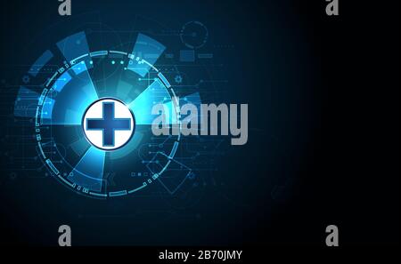 La scienza astratta della salute consiste in salute più tecnologia digitale concetto di moderna tecnologia medica, Trattamento, medicina su hi tech futuro sfondo blu Illustrazione Vettoriale