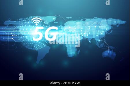 Tecnologia Internet wireless 5G concetto di base connessione di comunicazione wifi e business con rete globale connessione innovazione ad alta velocità Illustrazione Vettoriale