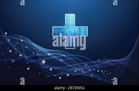 La scienza astratta della salute consiste in salute più tecnologia digitale concetto di moderna tecnologia medica, Trattamento, medicina su hi tech futuro sfondo blu Illustrazione Vettoriale