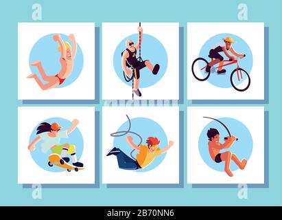 set di carte persone in attività sportive disegno vettoriale illustrazione Illustrazione Vettoriale