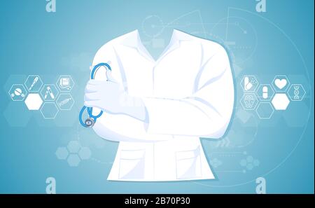 Il medico astratto si chiude in ospedale gown camice uniores con stetoscopio di tenuta concetto di salute e medico su sfondo blu. Illustrazione Vettoriale
