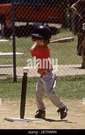 Austin, Texas USA: Giovane pastella prende un'oscillazione con la sua mazza alla sfera che si siede sul tee durante il gioco della lega di T-ball per i ragazzi e le ragazze di cinque e sei anni. SIGNOR ©Bob Daemmrich Foto Stock