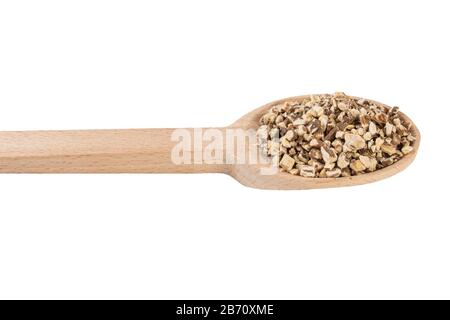 Radice di dente di leone o in latino Taraxaci radix in cucchiaio di legno isolato su sfondo bianco. Erbe medicinali curative. Medicina erboristica. Medicina alternativa Foto Stock