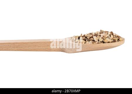 Radice di dente di leone o in latino Taraxaci radix in cucchiaio di legno isolato su sfondo bianco. Erbe medicinali curative. Medicina erboristica. Medicina alternativa Foto Stock